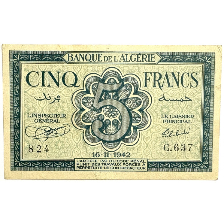 Billet 5 Francs Algérie 16-11-1942