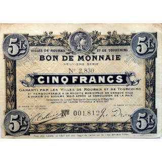 Cinq Francs, Villes de Roubaix et de Tourcoing, 1917