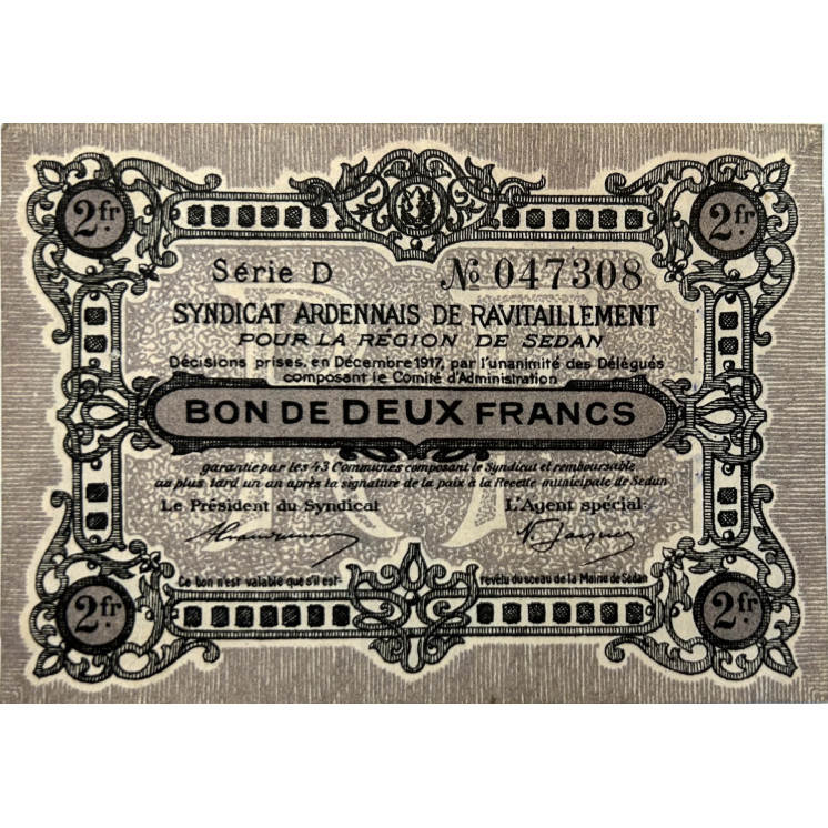 2 Francs, Syndicat Ardennais de ravitaillement pour la région de Sedan, 1917