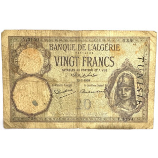 Billet Vingt Francs Algérie 29-7-1938