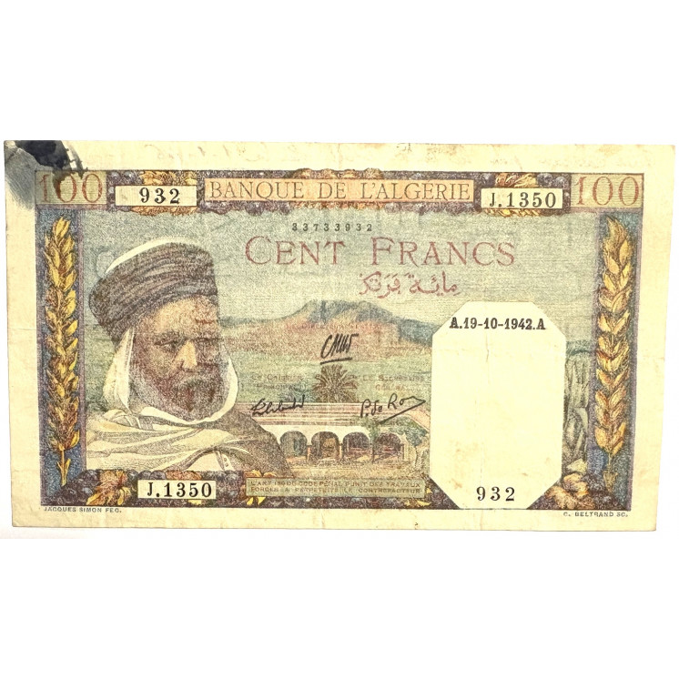 Billet 100 Francs Algérie 19-10-1942