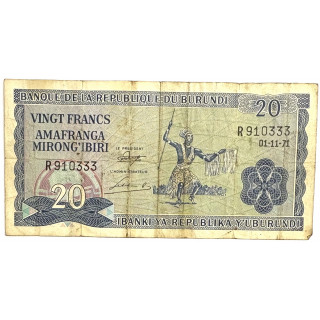 Billet de 20 Francs de la République du Burundi 01-11-71