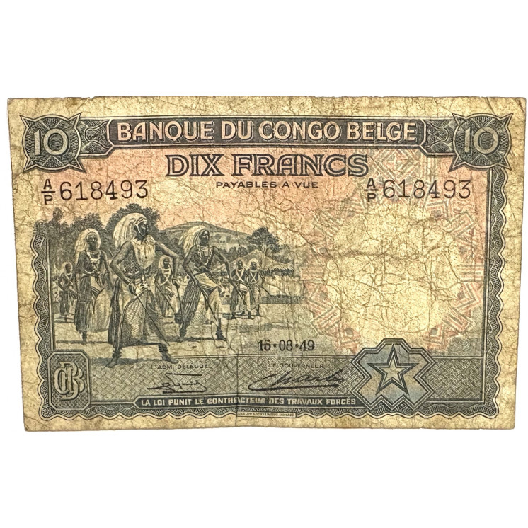 Billet de 10 Francs de la banque du Congo Belge 16-08-49