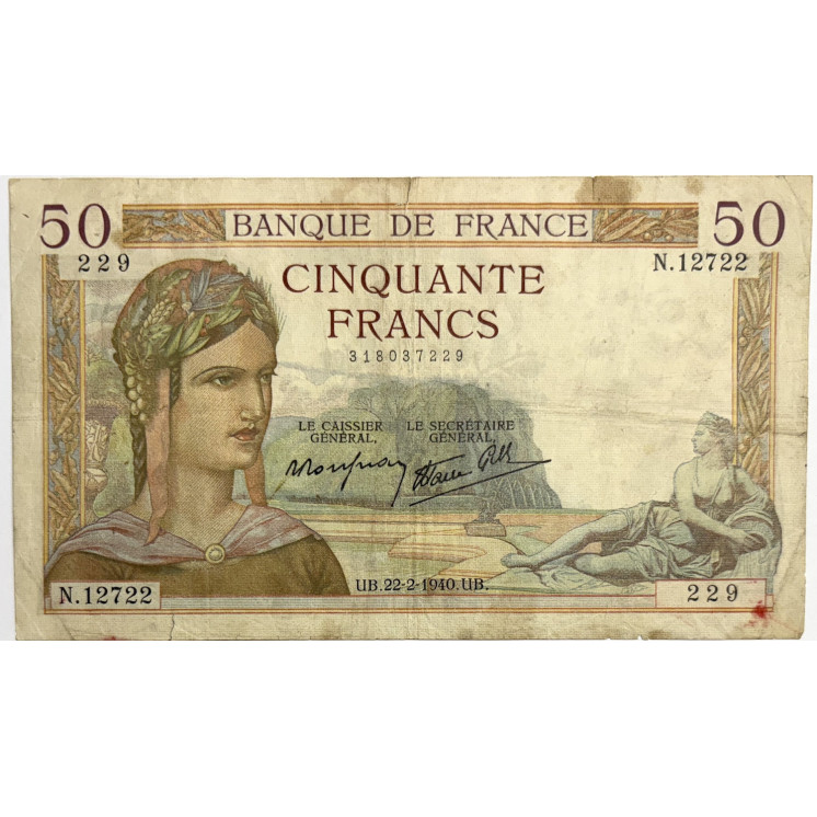 Billet 50 Francs Cérès 22 2 1940