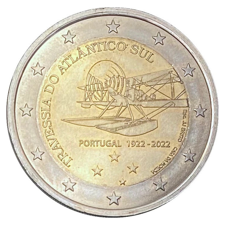 2022 - Portugal, 2 euros 100 ans de la 1ère traversée aérienne de l'Atlantique Sud