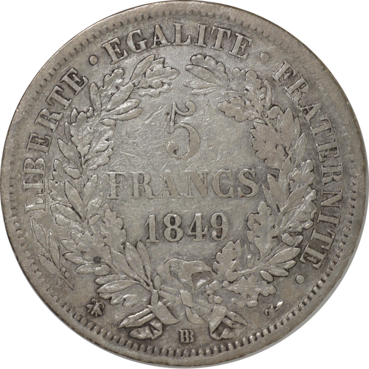 France - IIème République (1848-1852), 5 Francs Cérès 1849 BB (Strasbourg)