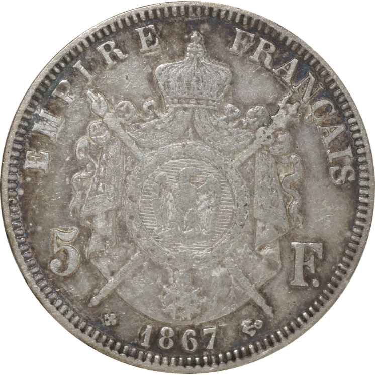 France - Napoléon III (1852-1870), 5 Francs 1867 BB (Strasbourg)