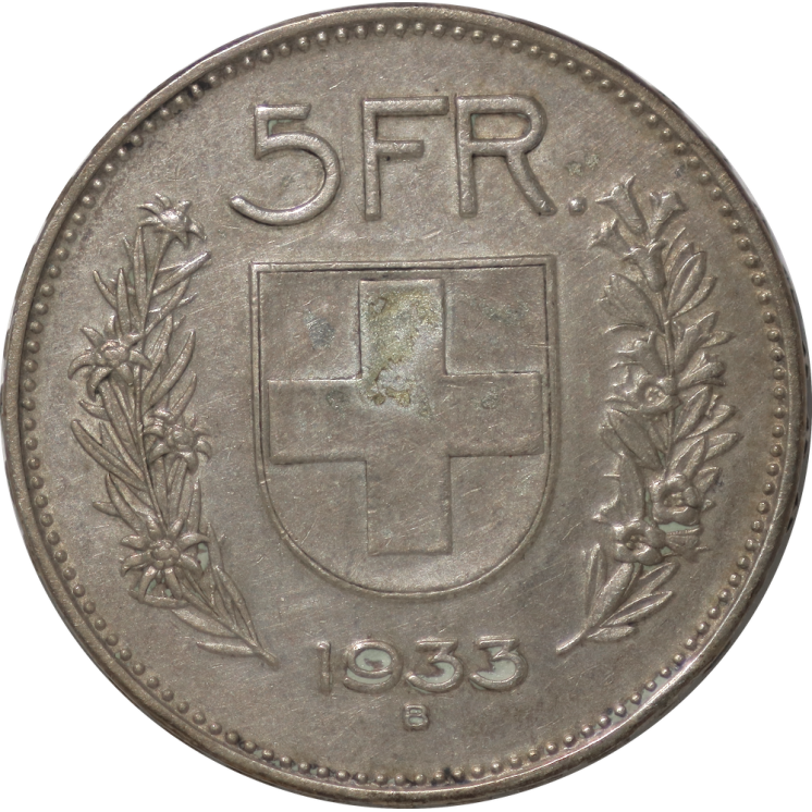 Suisse - 5 Francs Tête de Berger, 1933 B