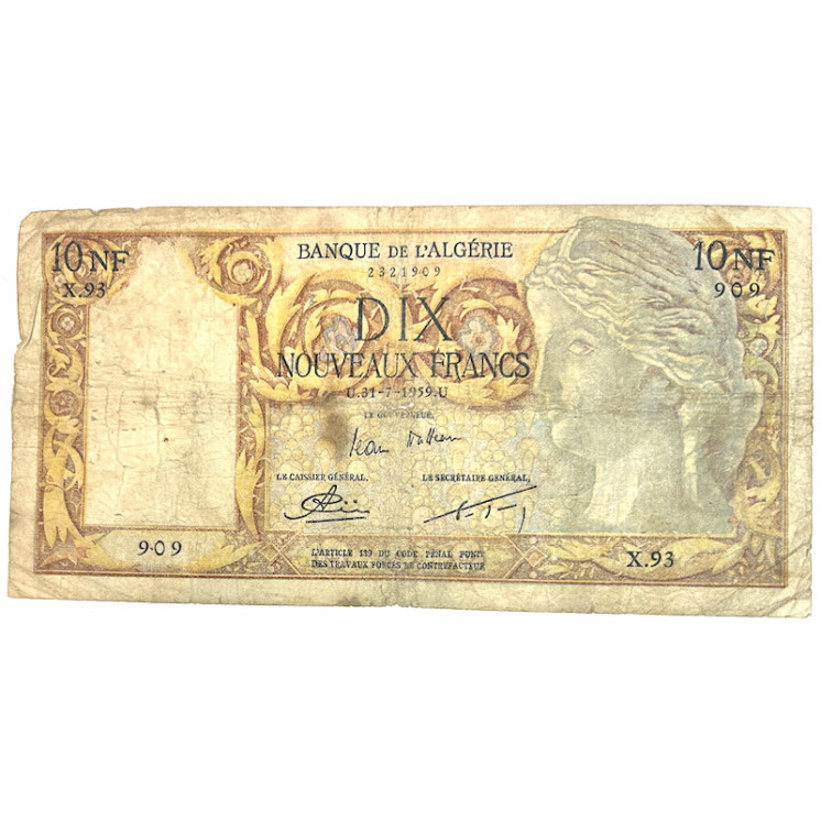 Billet 10 Nouveaux Francs Algérie et Tunisie 31-7-1959