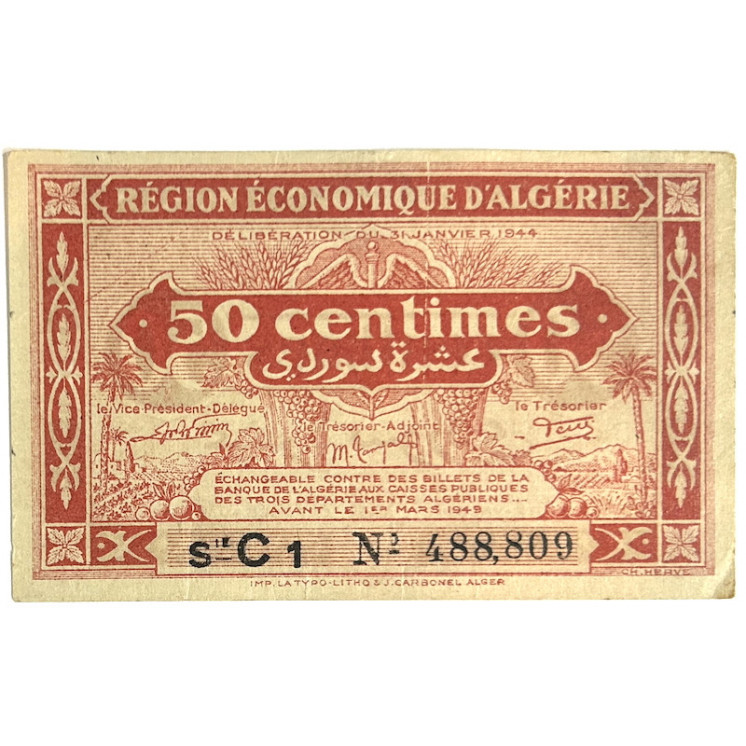 Billet 50 centimes Algérie 31 Janvier 1944