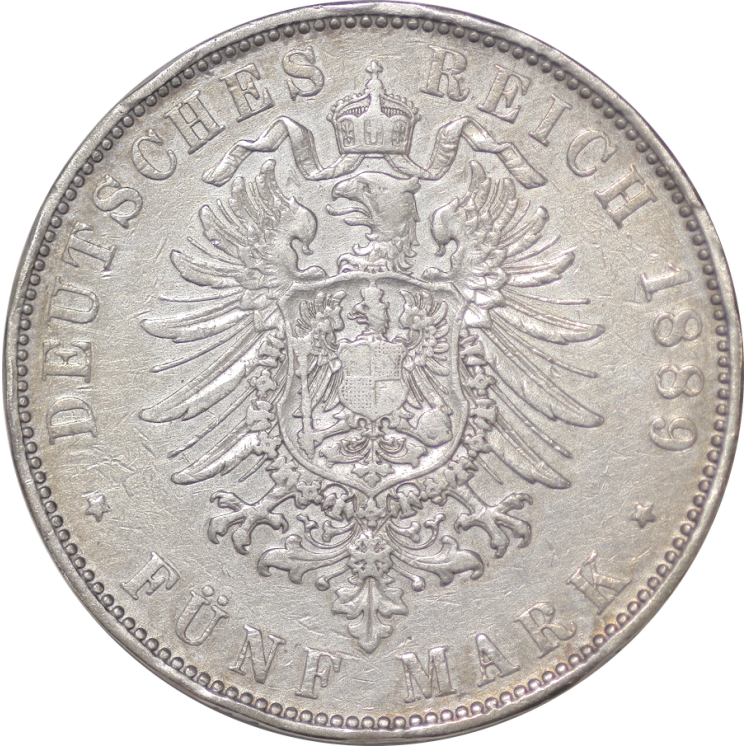 Allemagne, Saxe - Albert (1873-1902) 5 Marks 1889 E (Dresde)