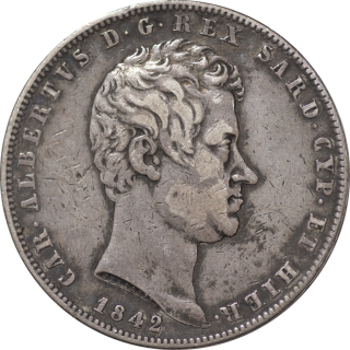 Italie, Sardaigne - Charles Albert (1831-1849) 5 Lire 1842 Ancre