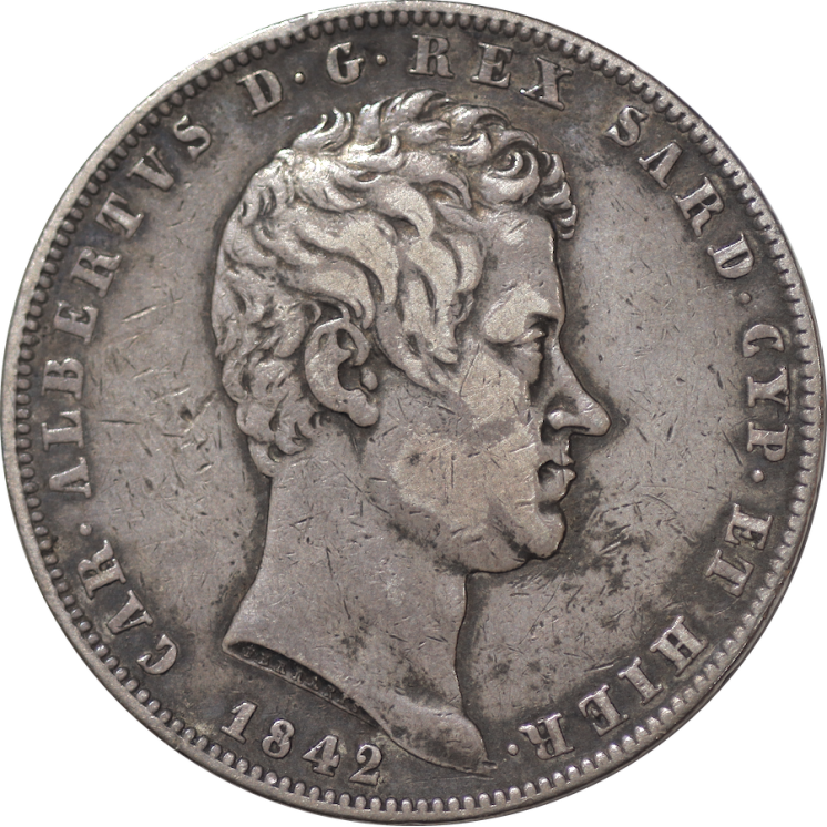 Italie, Sardaigne - Charles Albert (1831-1849) 5 Lire 1842 Ancre