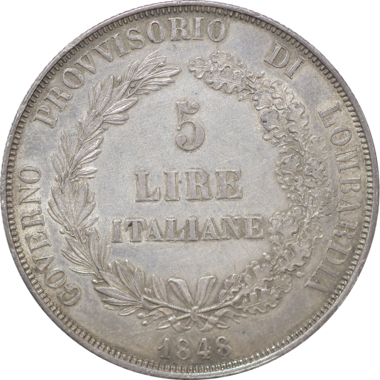 Italie - Lombardie, Gouvernement provisoire, 5 Lire,1848