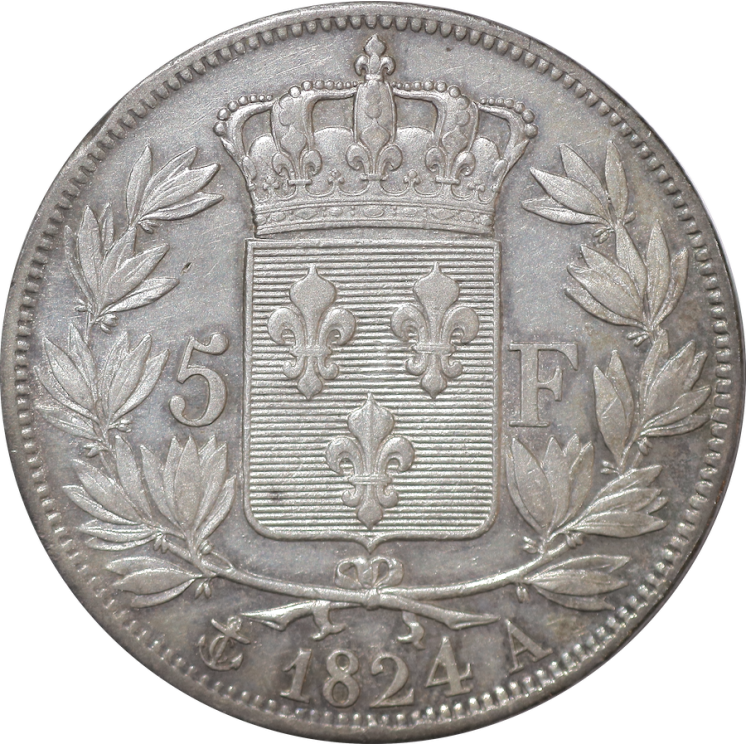 France - Louis XVIII 5 Francs 1824 A (Paris)