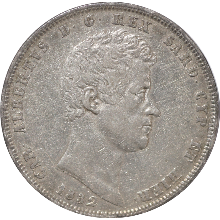 Italie - Sardaigne, Charles Félix (1821-1831), 5 Lire 1832