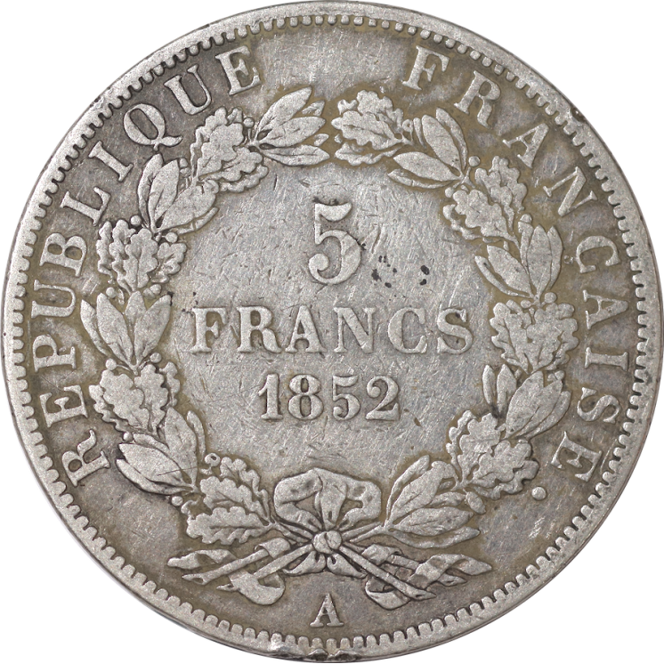 France - 2e République, 5F, Louis-Napoléon Bonaparte, 1852, A (Paris)
