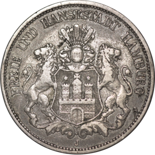 Allemagne - Hambourg, 5 Mark, 1875, J