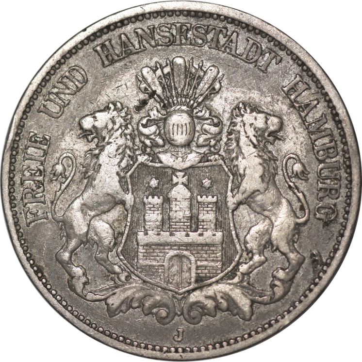 Allemagne - Hambourg, 5 Mark, 1875, J