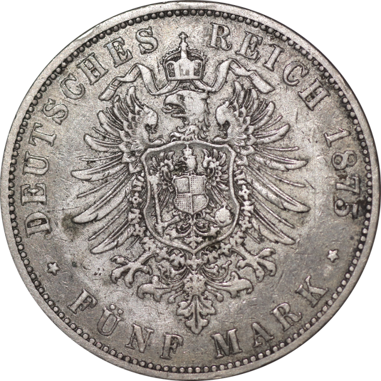Allemagne - Hambourg, 5 Mark, 1875, J