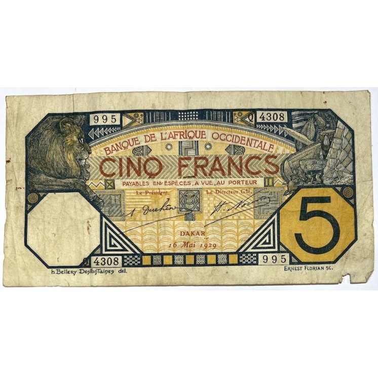 Afrique occidentale - 5 Francs, 16 Mai 1929