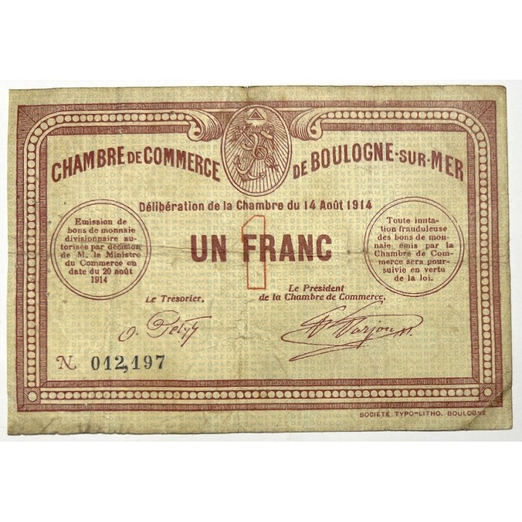 France - 1 Franc, Chambre de commerce de Boulogne-sur-Mer, 1914