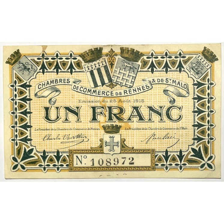 France - 1 Franc, Chambre de Commerce de Rennes et de St Malo, 1915