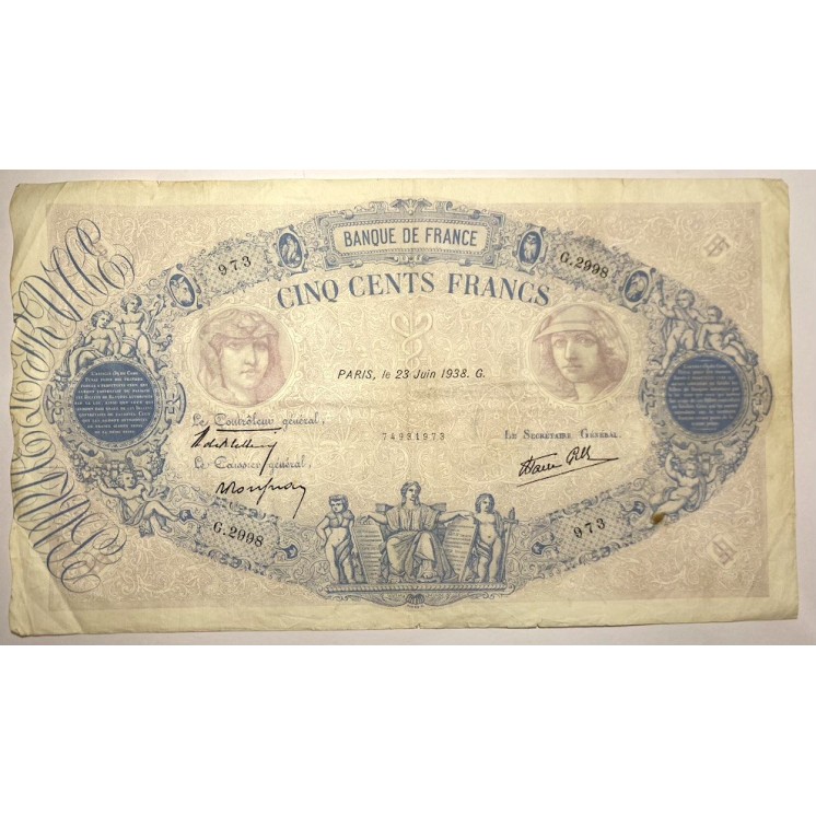 France - 500 Francs "Bleu et rose", 23 juin 1938