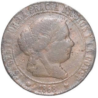 Espagne - Isabelle II (1833,1868), 5 centimos, 1868