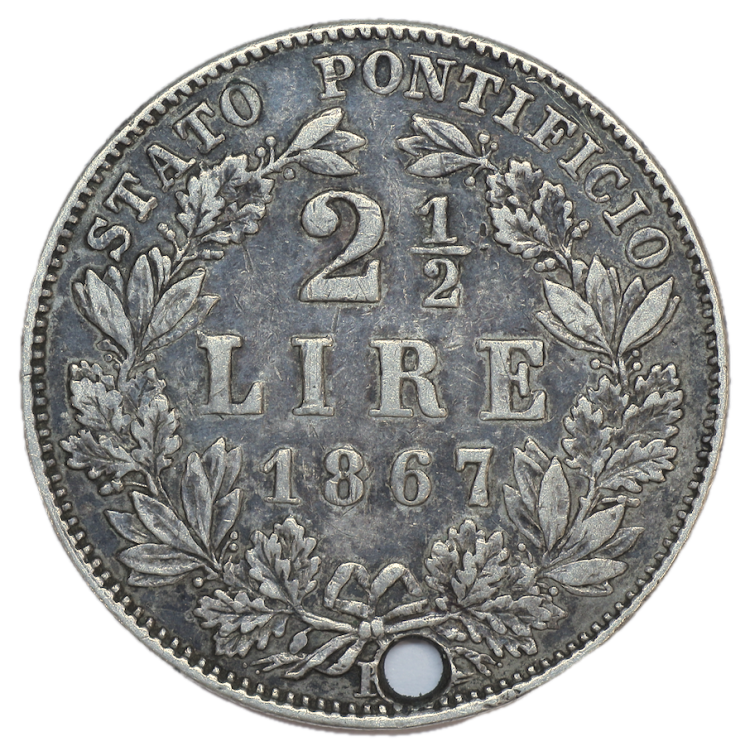 Vatican - Pie IX (1846-1878), 2 1/2 Lires, 1867, R (Rome), Trou dans la pièce