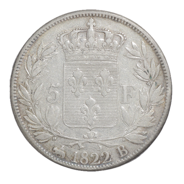 France - Louis XVIII (1814-1824), 5 Francs, 1822, B (Rouen)