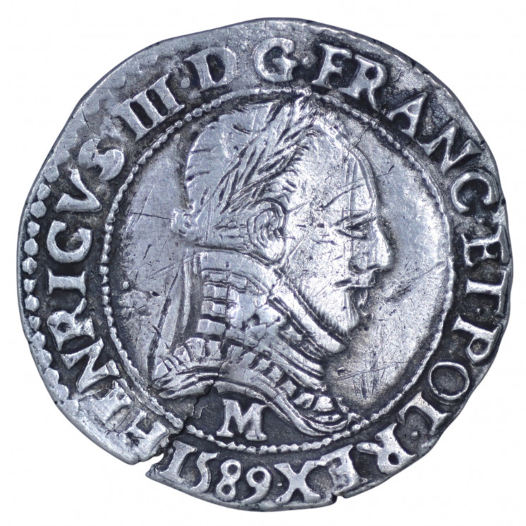 1/4 de franc au col plat, Henri III, 1589 M (Toulouse)