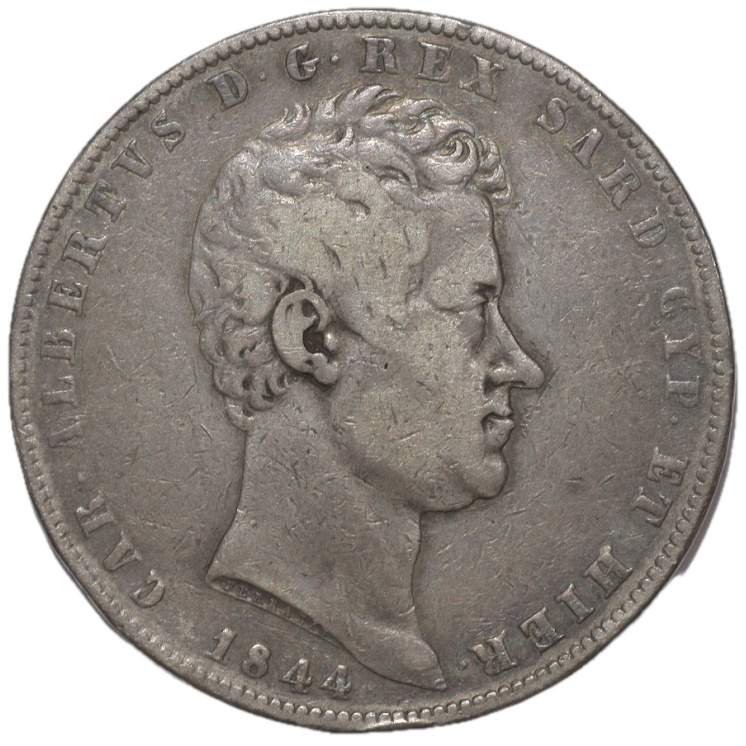 Italie - Sardaigne, Charles Albert (1831-1849), 5 Lires, 1844